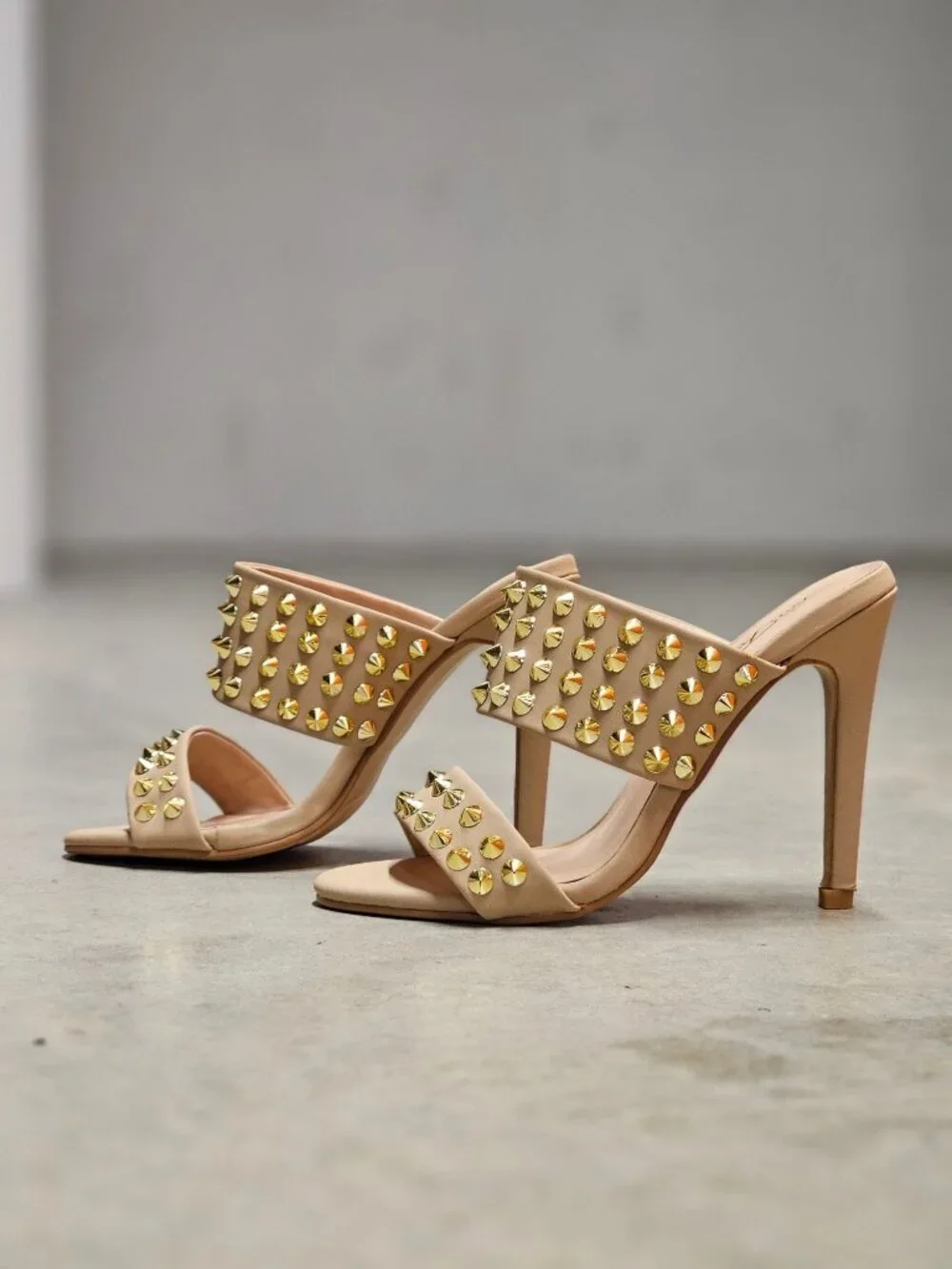 Studded Taupe High-Heel Sandals With Gold Accents & Open Toe Design